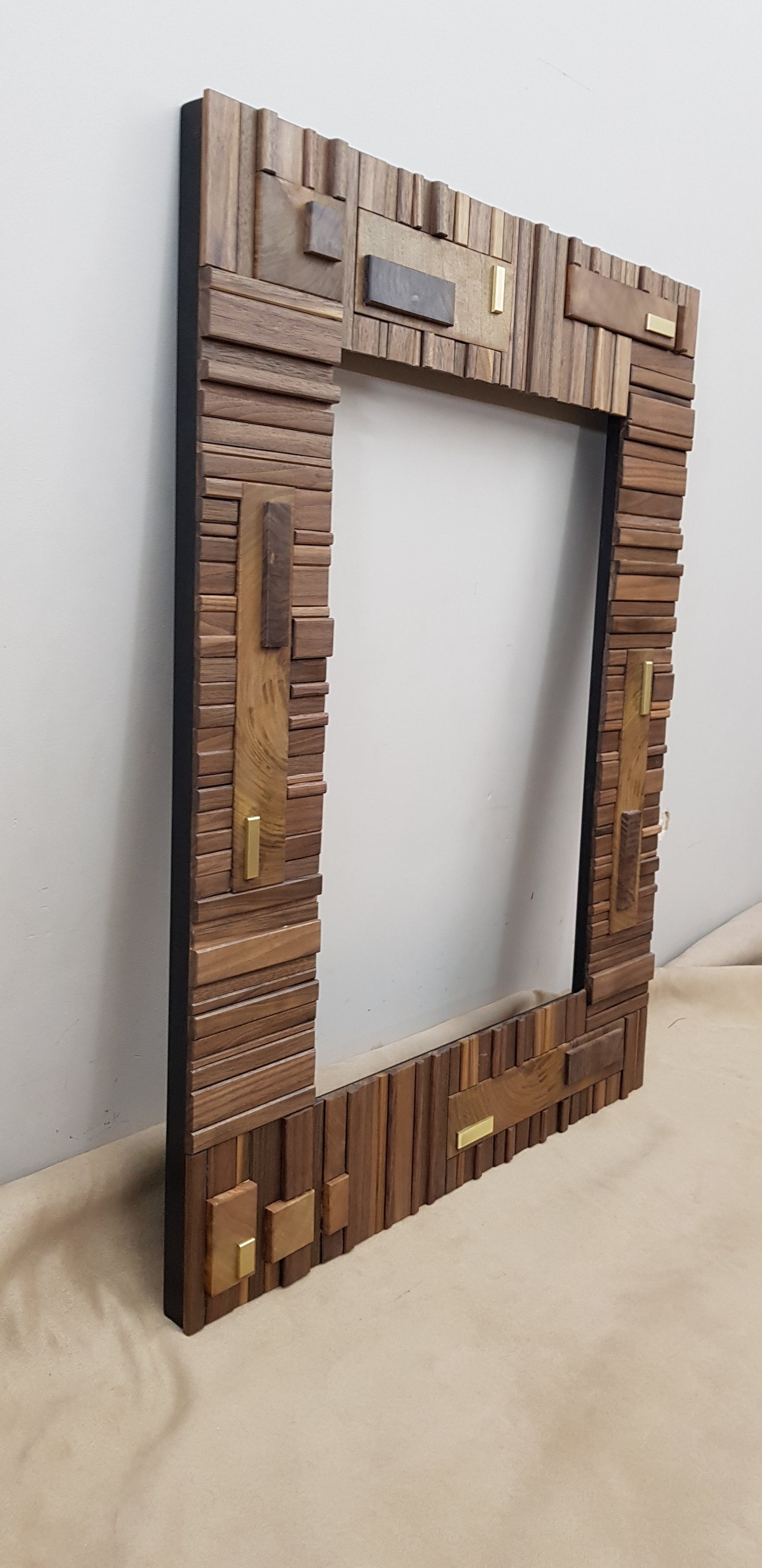 Handmade centrepiece statement mirror frame in walnut and brass