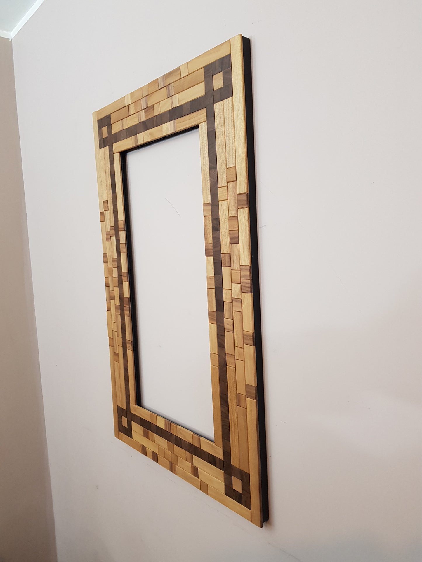 Large centrepiece statement mirror in walnut, picture frame artwork