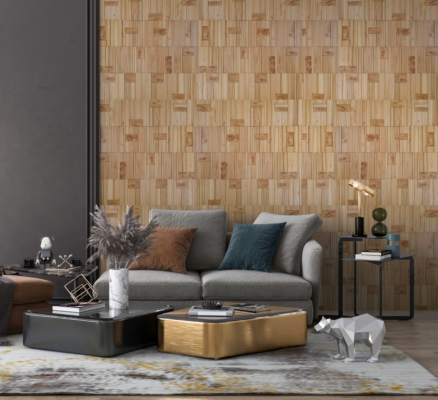 living room wall Mosaic wall panel in oak