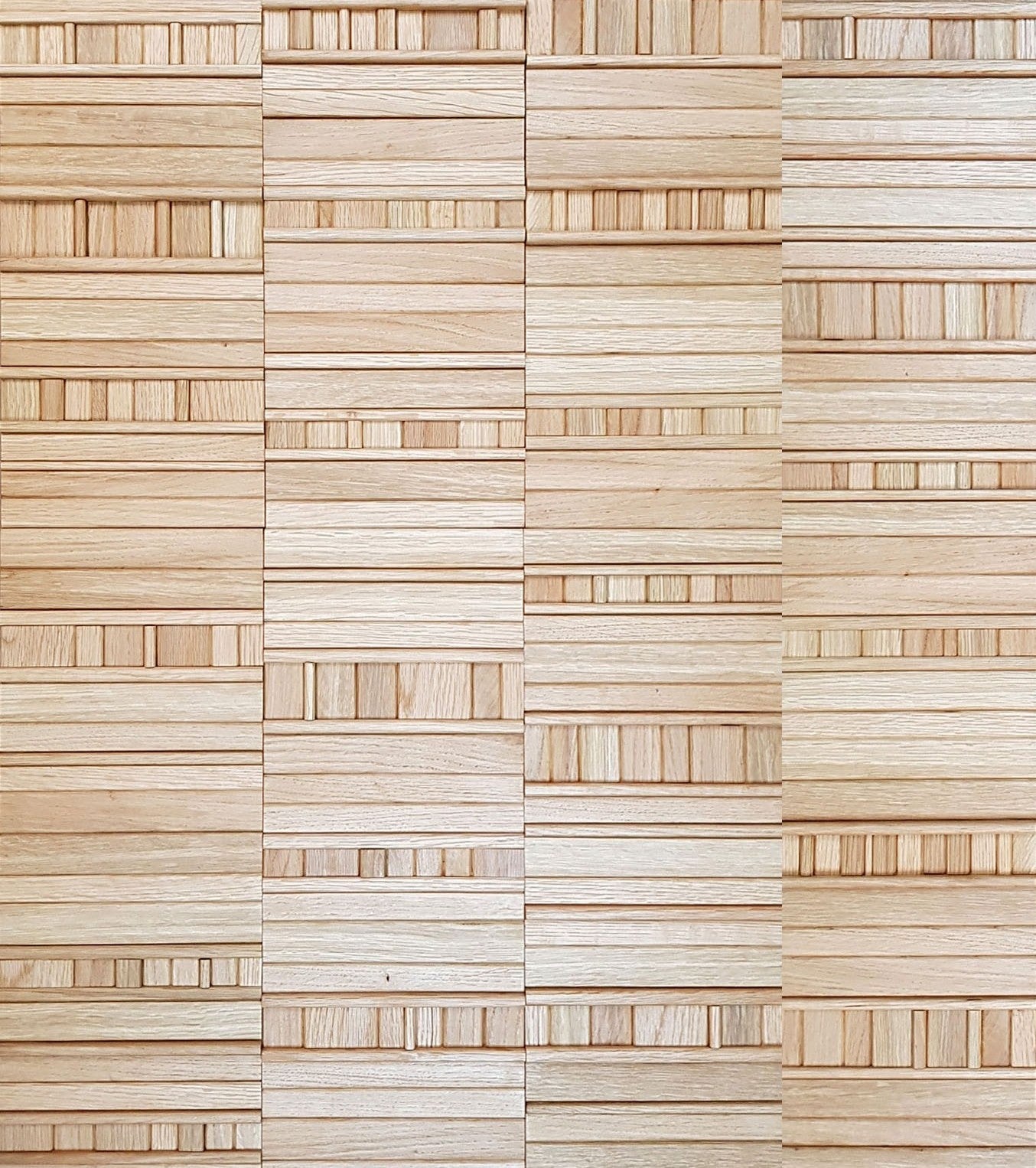 3D mosaic wall tiles made from oak strips of random widths and thicknesses, assembled on a plywood base.