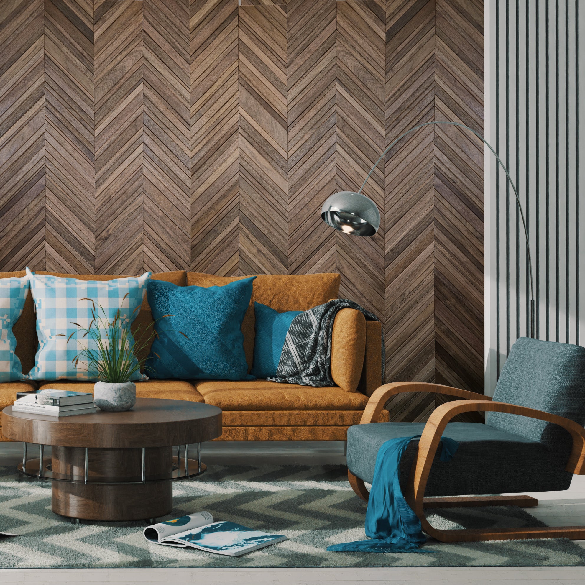 Modern living room with brown chevron-patterned wall, brown sofa, blue armchair, and wooden coffee table.