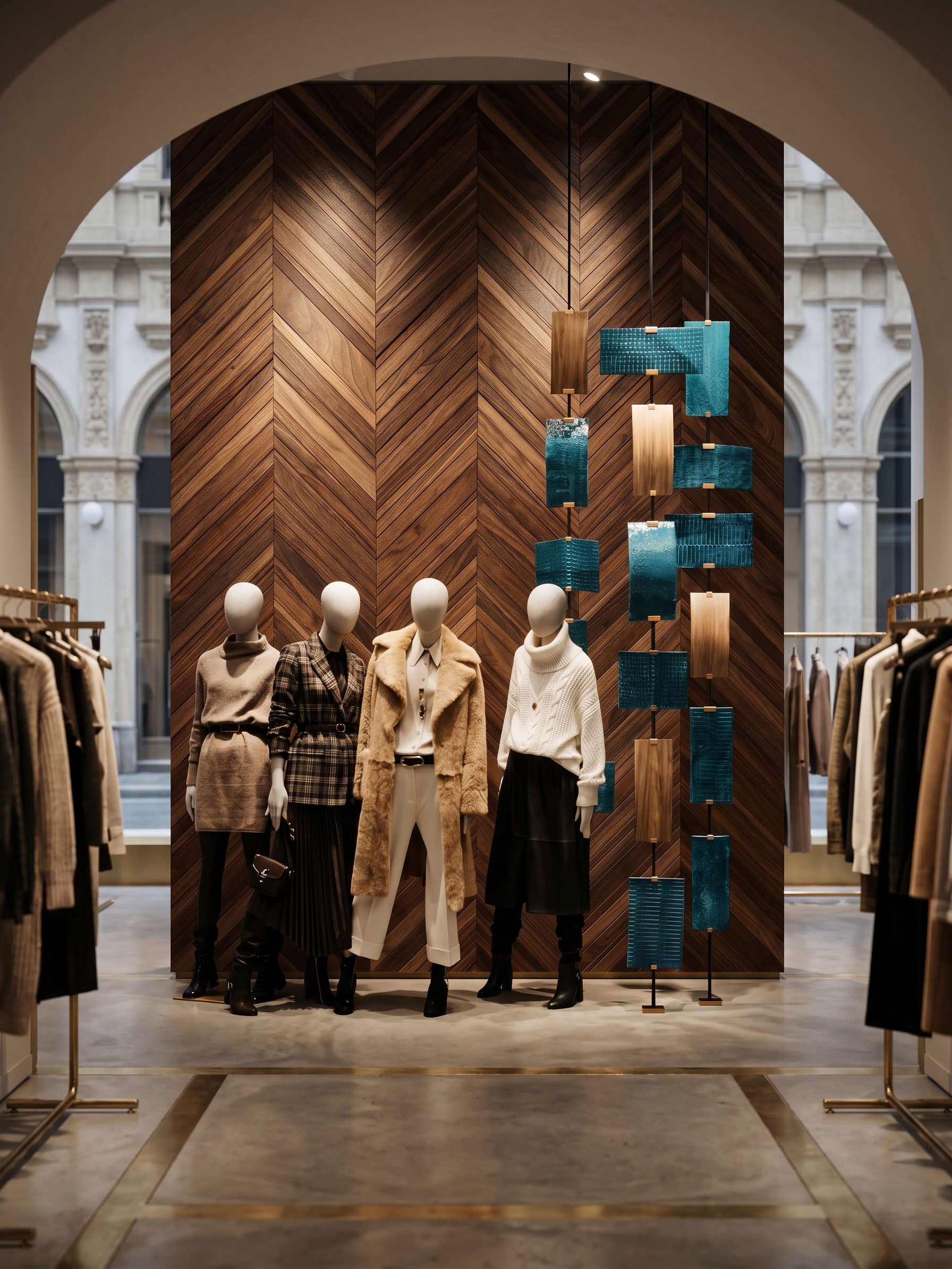 Mannequins dressed in winter clothing against a wooden wall with decorative lights in a store setting.