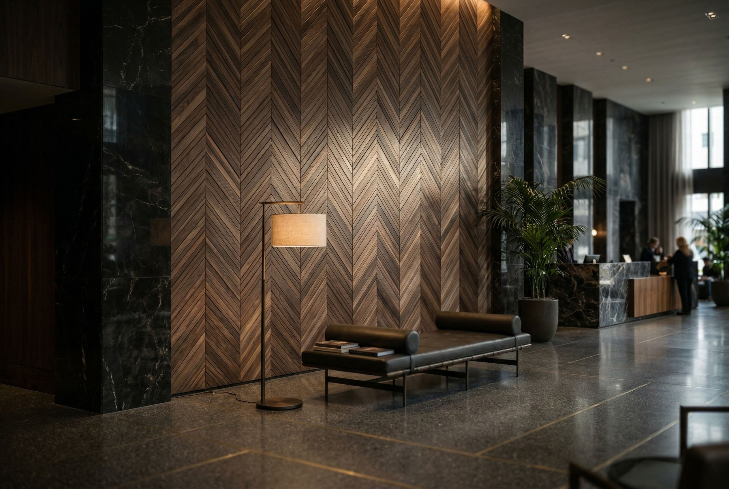 Luxurious interior of a hotel lobby with wooden wall paneling and modern furniture.