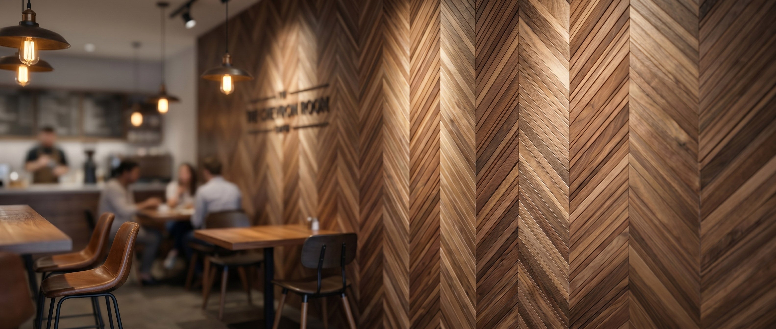 Wooden wall with a chevron pattern in a restaurant setting