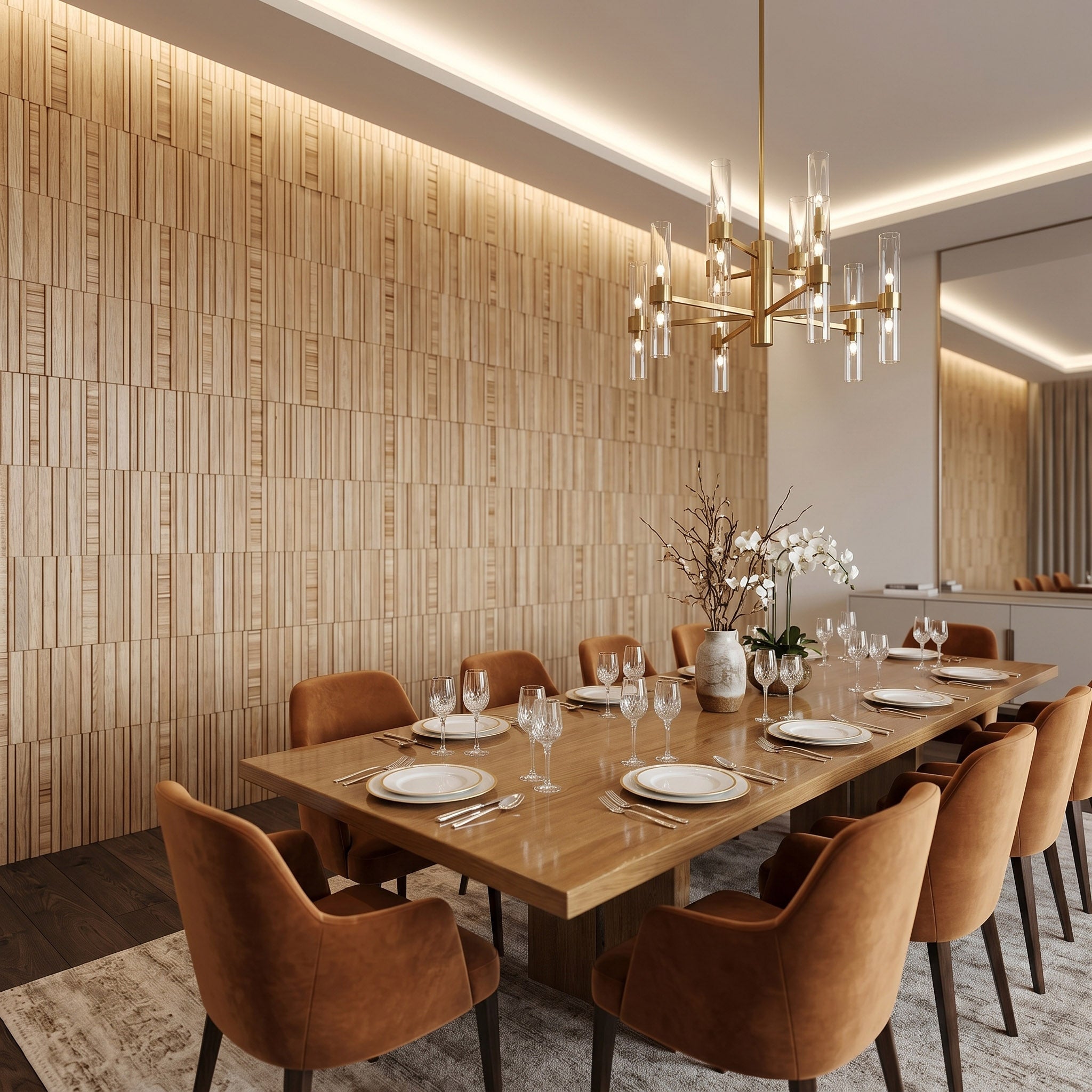 Modern dining room with wooden table and chairs, decorative wall panelling in DDD-OK pattern, and chandelier.