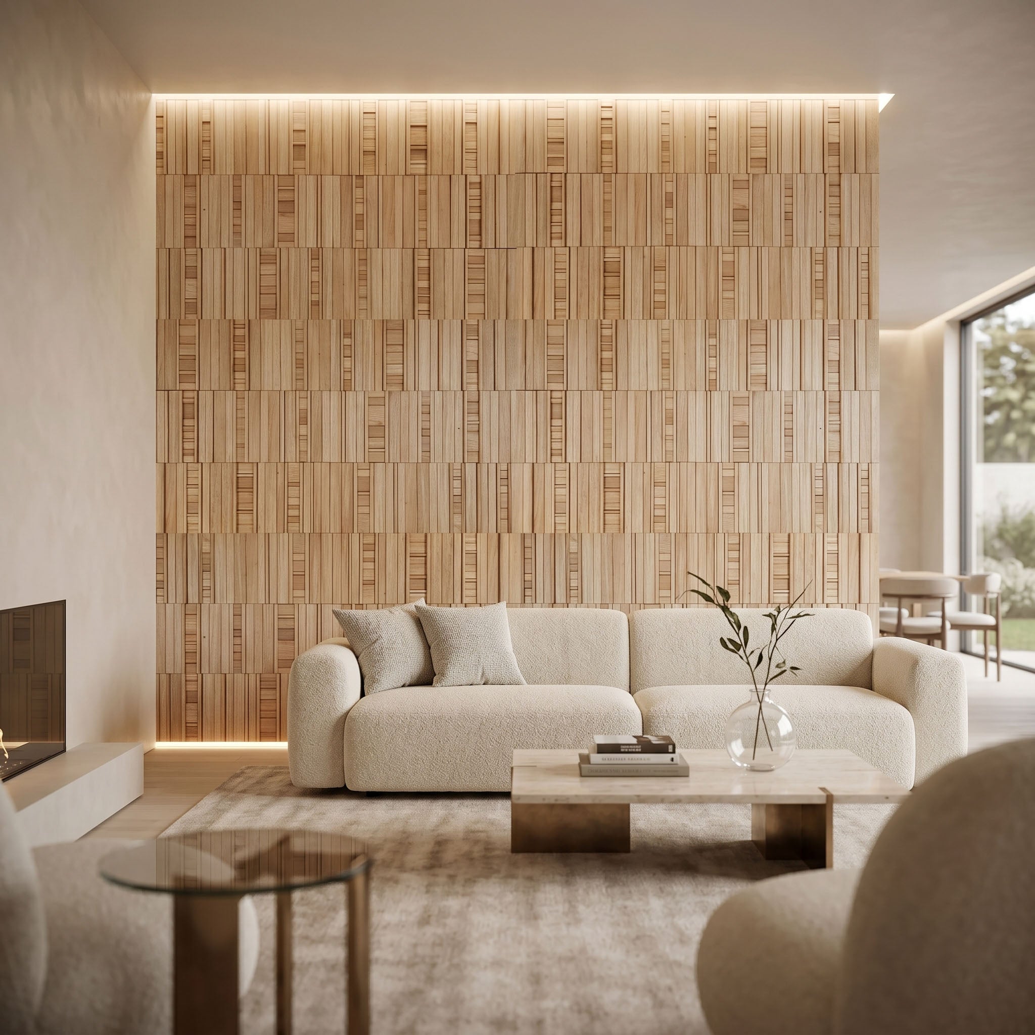 Modern living room with a 3D wooden wall tiles and a beige sofa.
