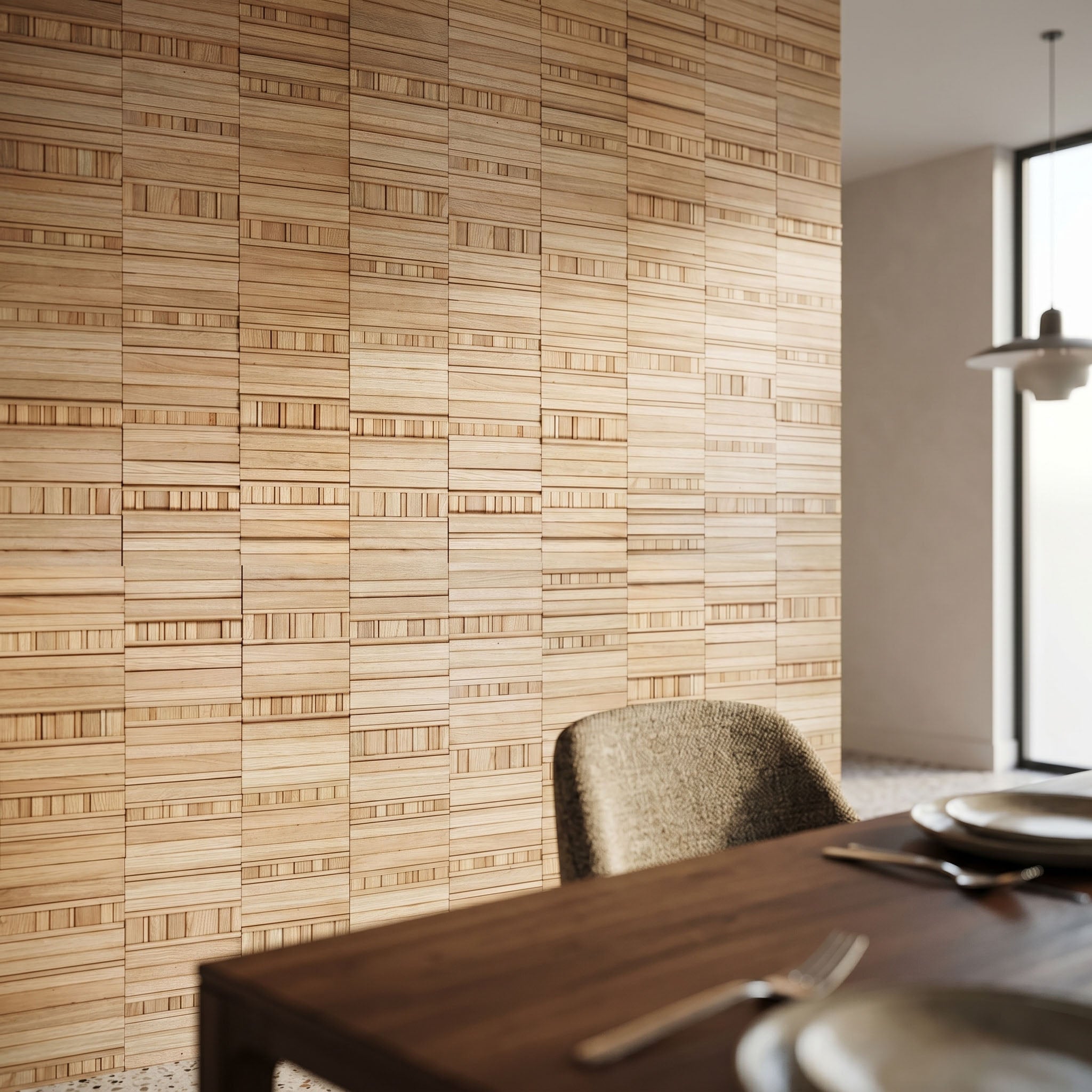 Dining area with wooden wall paneling and a table set for a meal.