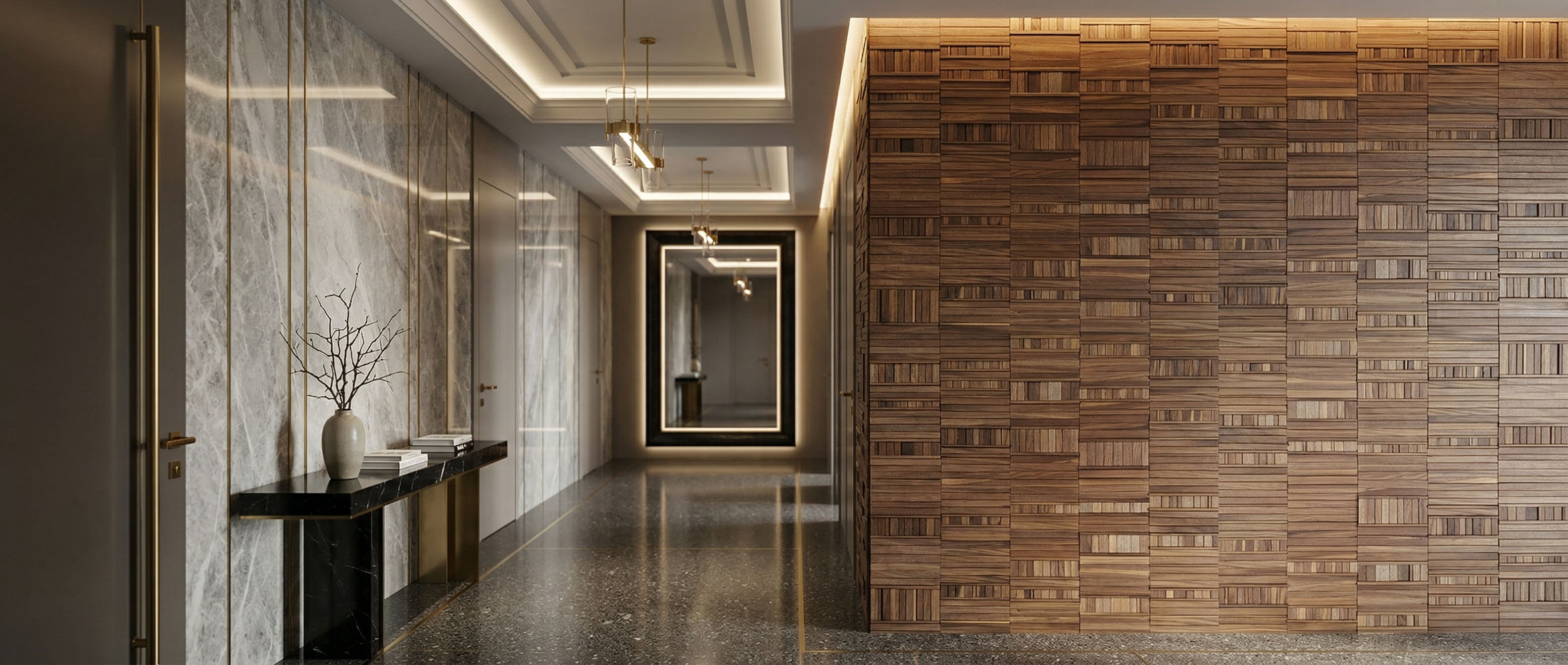 Modern interior hallway with marble walls and wooden paneling.