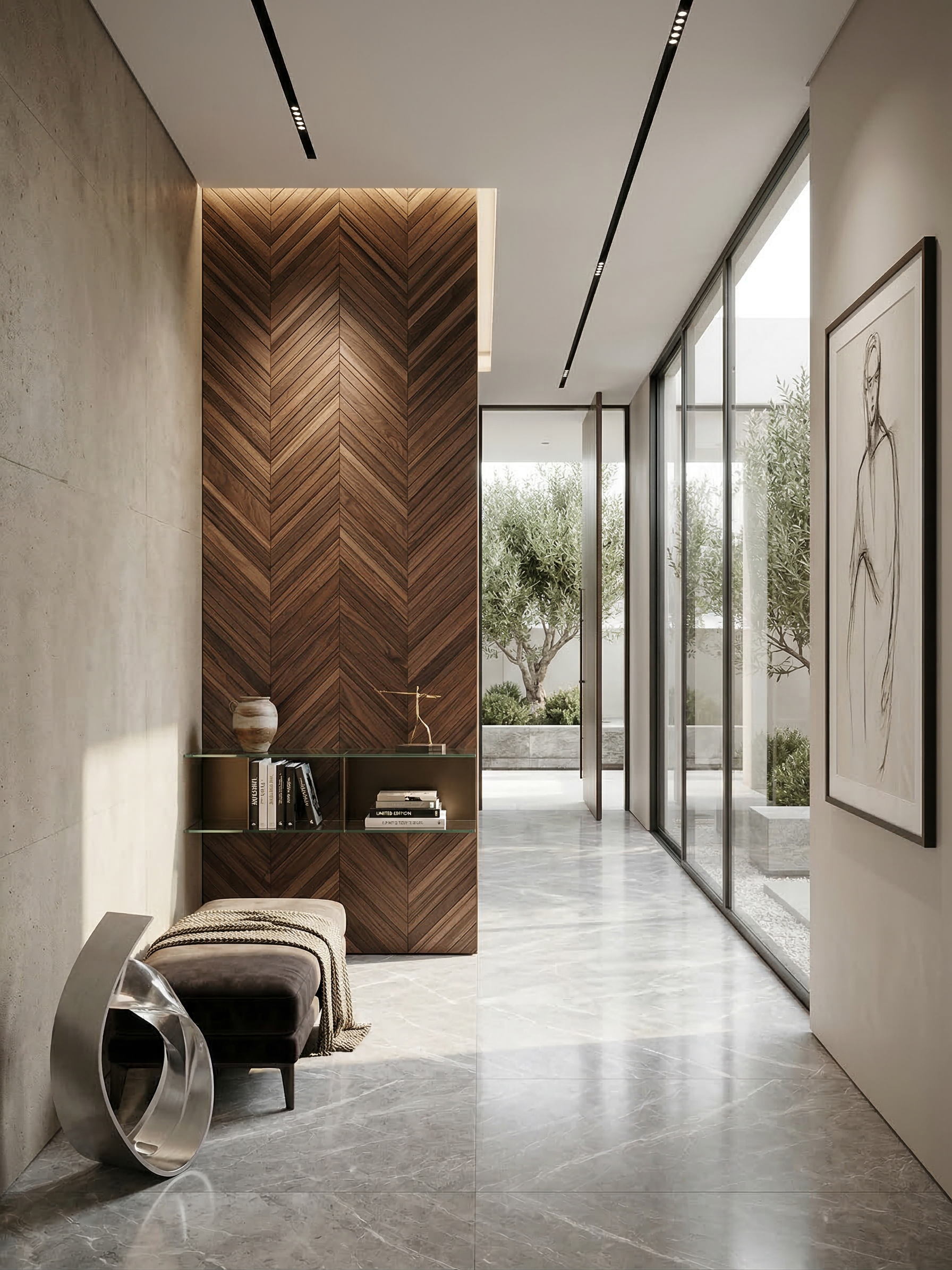 Modern interior hallway with wooden chevron pattern wall, glass doors, and artwork.