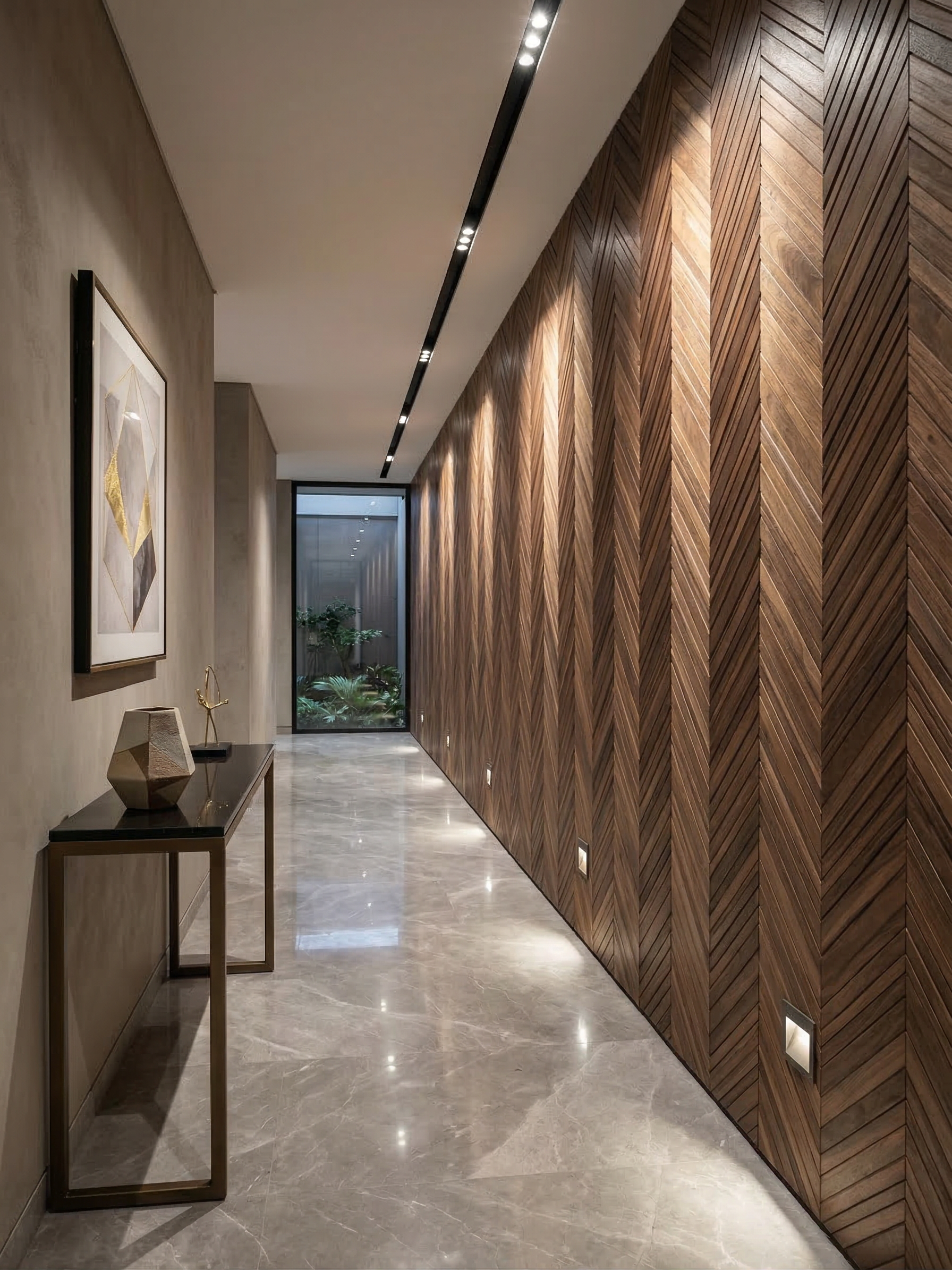 Modern hallway with wooden wall panels in chevron pattern and a console  table. Pattern SKU CHV-W