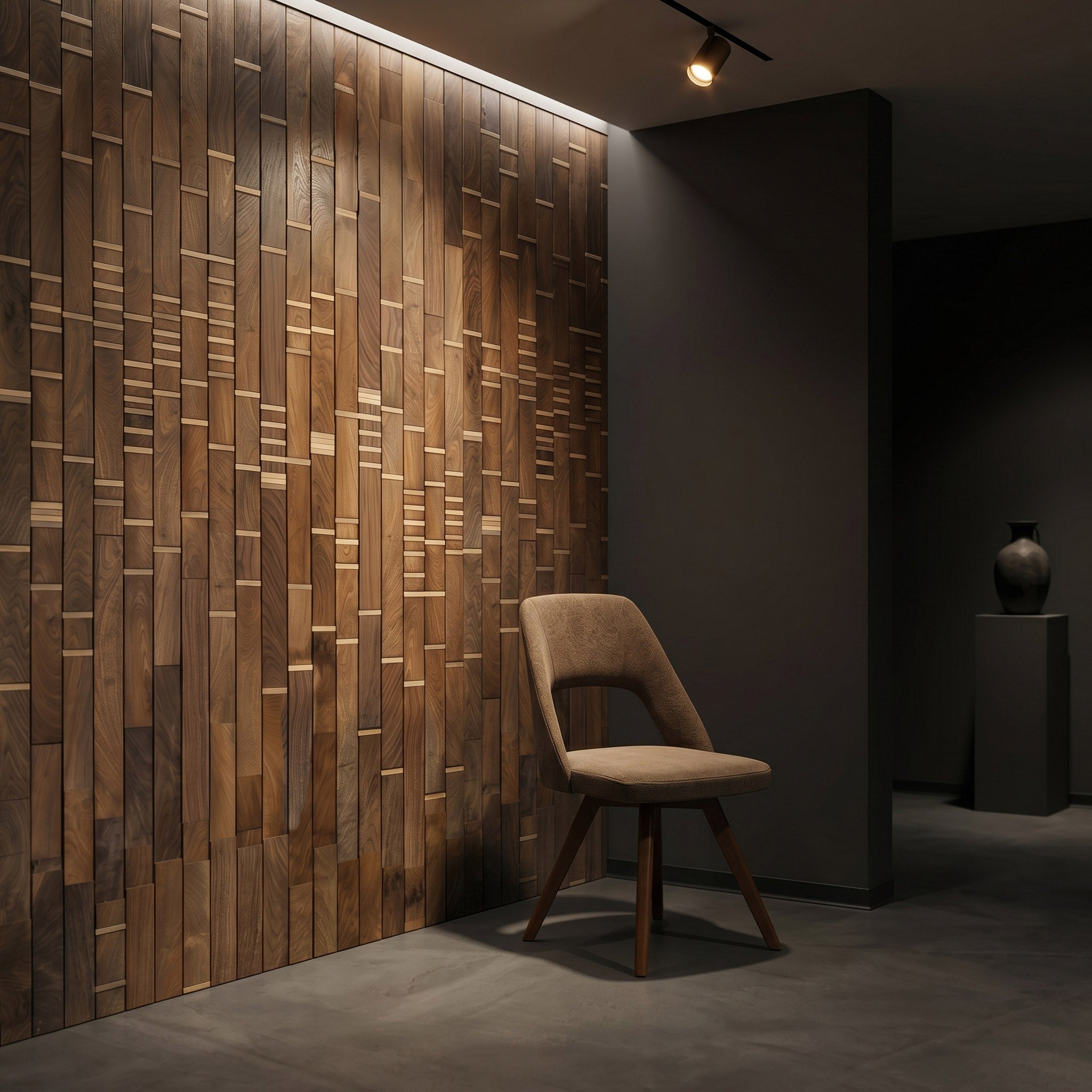 Chair in a room with a wooden wall and a dark floor.