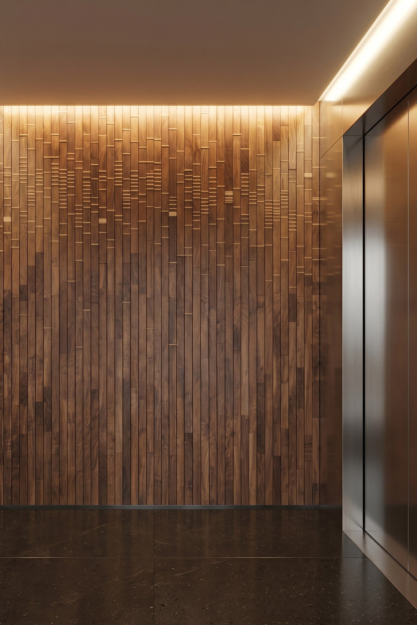 Wooden wall paneling with embedded lighting in a modern interior setting.