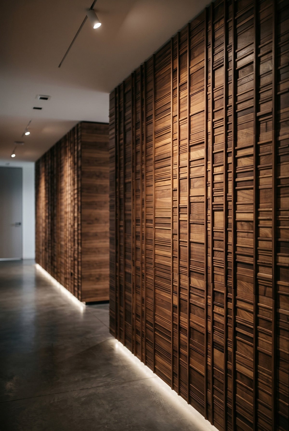 A modern interior hallway featuring a tall wall covered in vertical walnut wood slats, with warm under-glow, unique wall cladding 