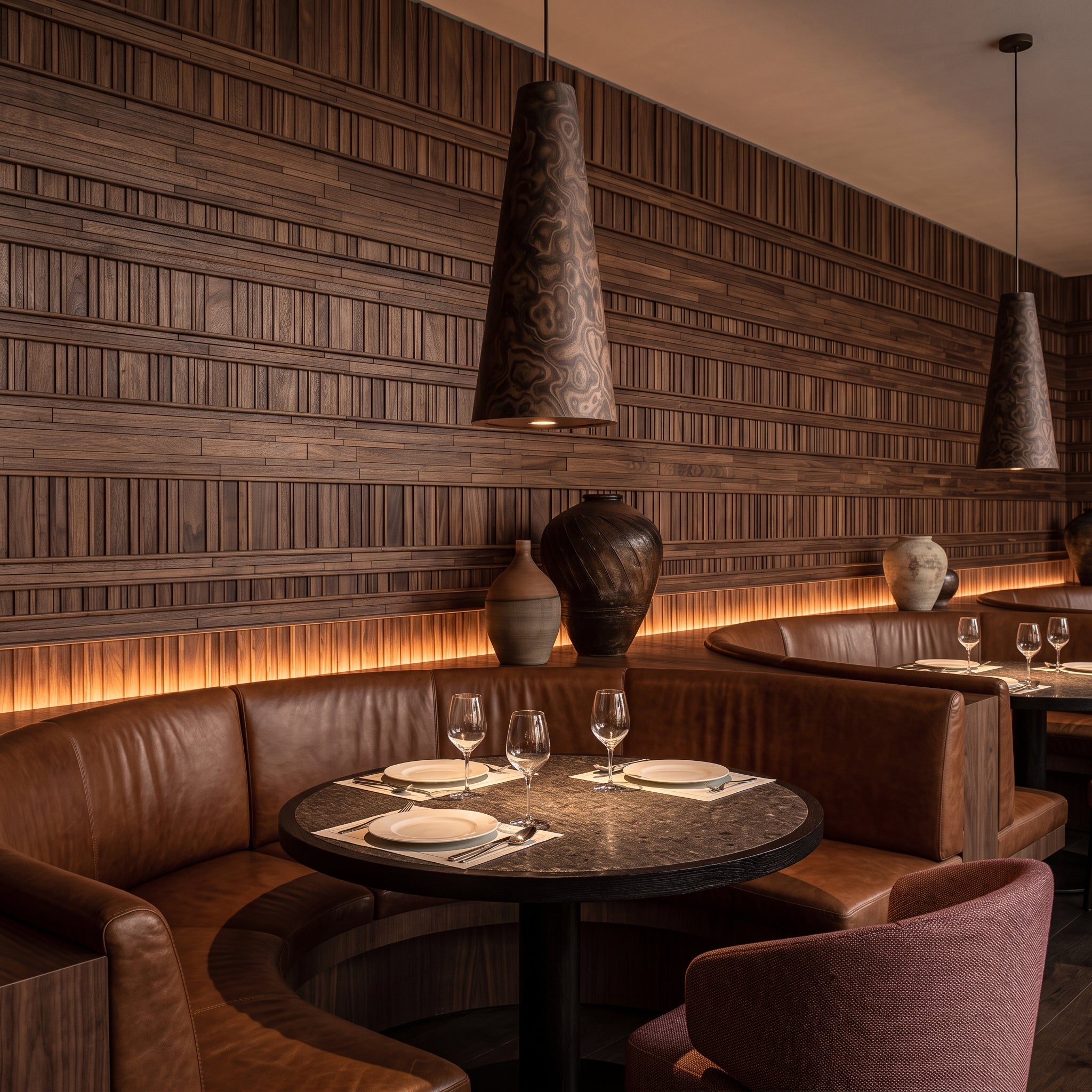 A warm, upscale restaurant interior with curved brown leather banquette seating, round tables set with white plates and wine glasses, dark wood wall paneling, pendant lights, and decorative ceramic vases.