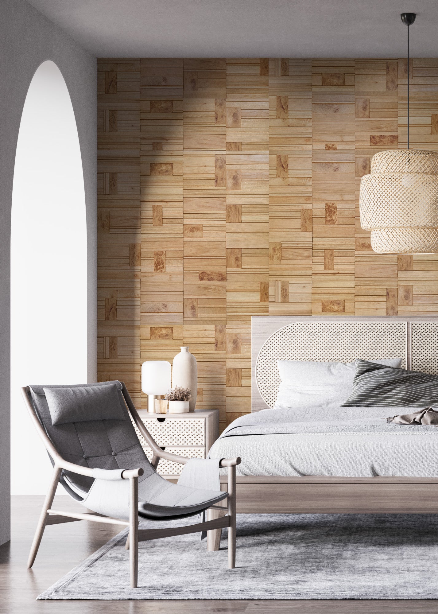 bedroom wall treatment Mosaic wall panel in oak