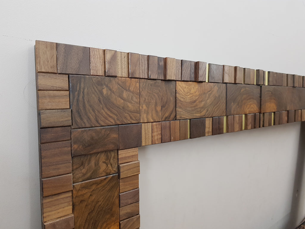 Handmade centrepiece statement mirror frame in end grain figured walnut and brass