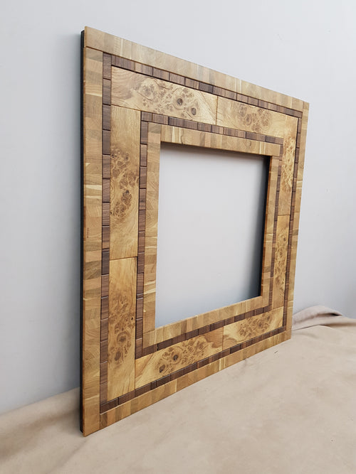 Centrepiece statement mirror frame in figured oak and walnut
