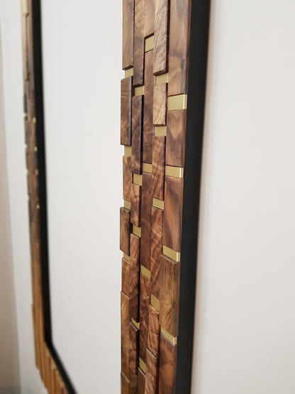 Modern centrepiece statement mirror frame in figured walnut and brass